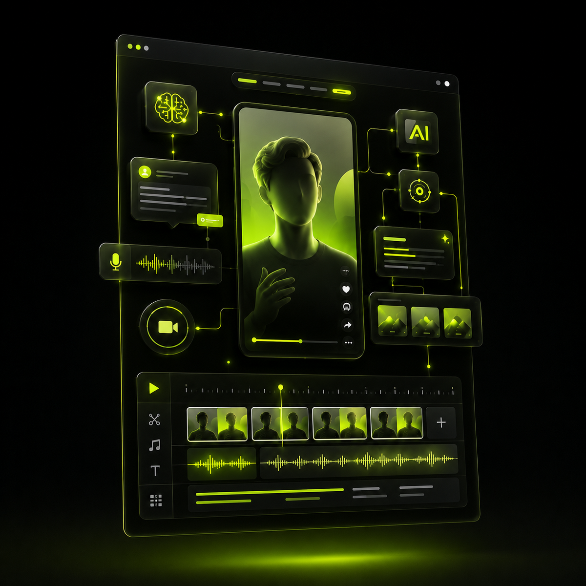 Interfaz de edición de video en verde lima con un personaje digital, línea de tiempo y audio, generada con IA