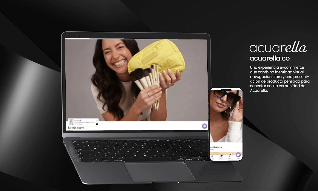 Presentación del e-commerce de Acuarella en laptop y celular con la descripción del proyecto
