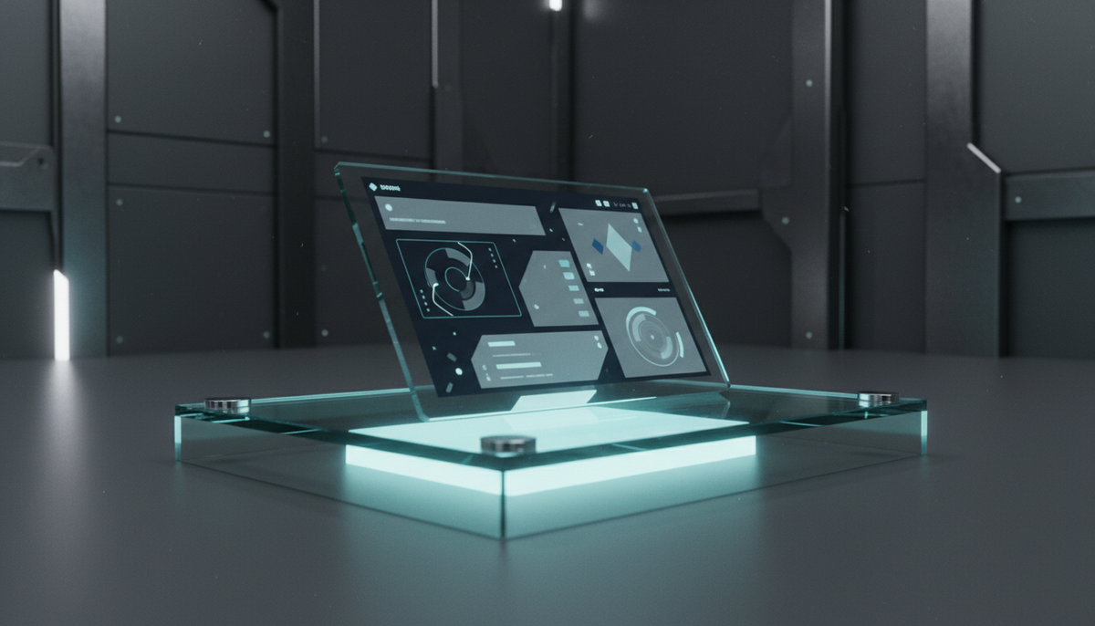 Render con IA de una laptop de vidrio con interfaz flotante sobre una base iluminada