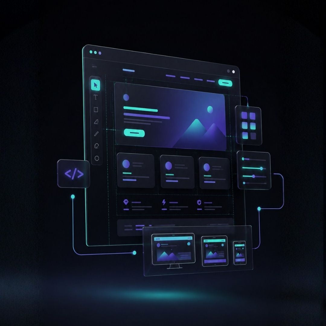 Interfaz de diseño web en violeta con componentes y vistas responsivas, generada con IA