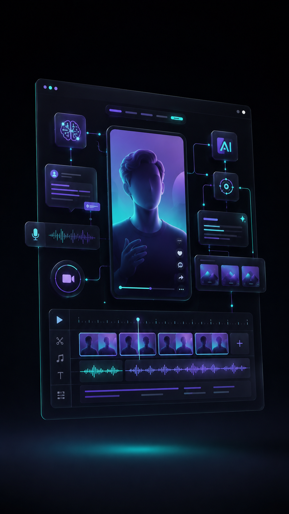 Interfaz de edición de video con un personaje digital, línea de tiempo y ondas de audio, generada con IA