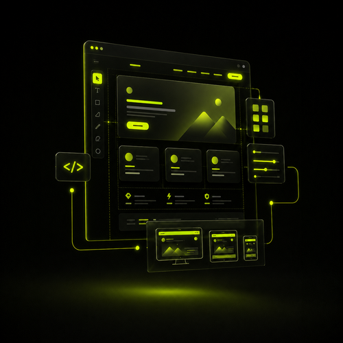 Interfaz de diseño web en verde lima con componentes y vistas para escritorio, tablet y celular, generada con IA