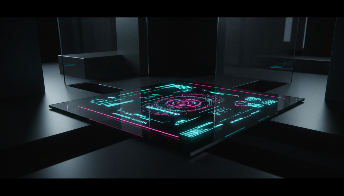 AI render of a holographic interface projected onto a glass table with neon lights