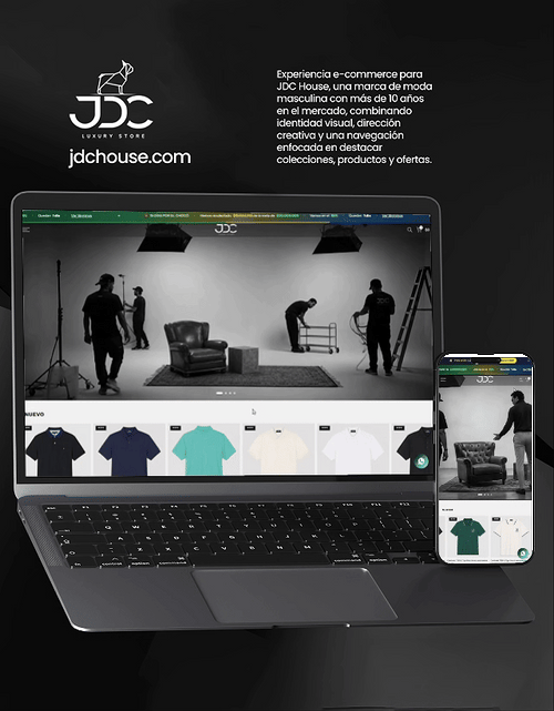 Presentación vertical del e-commerce de JDC Luxury Store en laptop y celular