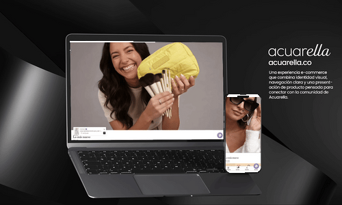 Presentación del e-commerce de Acuarella en laptop y celular con la descripción del proyecto