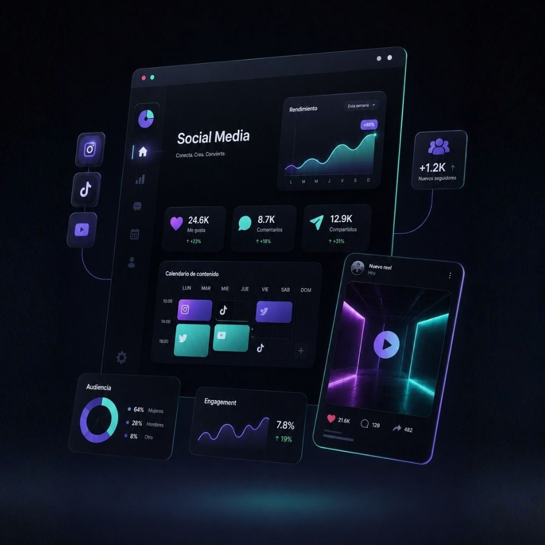 Panel de redes sociales con métricas y calendario de contenido en tonos violeta, generado con IA