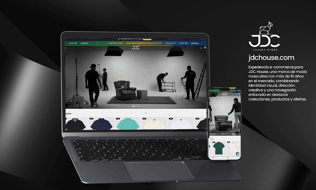 Diseño web de JDC Luxury Store en laptop y celular, con la colección de camisetas