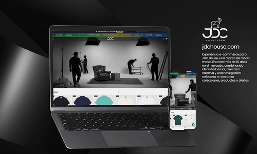 Diseño web de JDC Luxury Store en laptop y celular, con la colección de camisetas